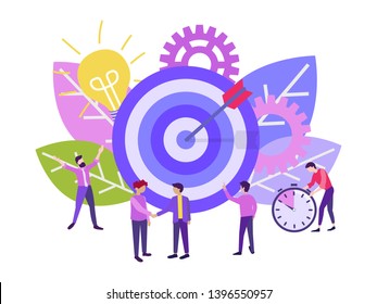 Business concept vector illustration, Target with an arrow, goal achievement, hit the target. Teamwork, Handshake business partners, signing the contract. 