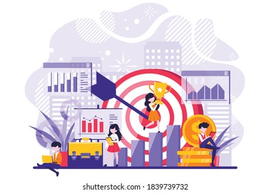 Business concept vector illustration, Target with an arrow, hit the target, and business charts goal achievement vector. Vector illustration