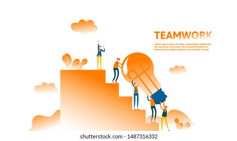 Business concept of vector illustration teamwork, little people raised and search the idea of business, climb the ladder of success, light bulb Symbol of idea, cooperation. - Vector