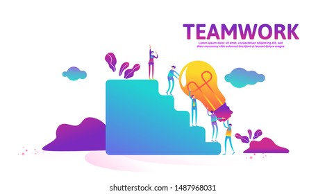 Business concept of vector illustration teamwork, little people raised and search the idea of business, climb the ladder of success, light bulb Symbol of idea, cooperation. - Vector
