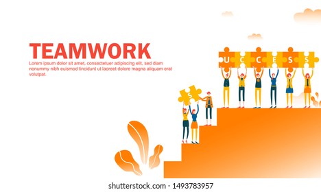 Business concept of vector illustration teamwork, little people raised and arrange the success text, climb the successful ladder, stairway symbol of problems and obstacles, cooperation. - Vector