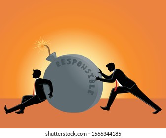 Business concept vector illustration, two businessman pushing each other a big responsibility symbolized by a big bomb