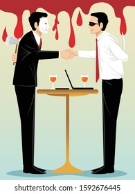 Business concept vector illustration, two evil businessman shake hand on blood background