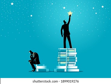 Business concept vector illustration of two businessmen, one who reach out for the stars by using books as the platform and the other one just sitting doing nothing