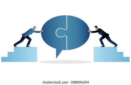 Business concept vector illustration of two businessmen matching jigsaw puzzle to form bubble text. Concept for building communication or ideas