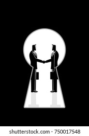Business concept vector illustration of two businessmen shaking hands seen through a keyhole, business idiom for backroom deal svg