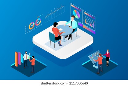 Business concept vector illustration. Website landing page. Isometric businesswoman lead and present businesspeople for training business plan and goals. Achieving goals business strategy for win