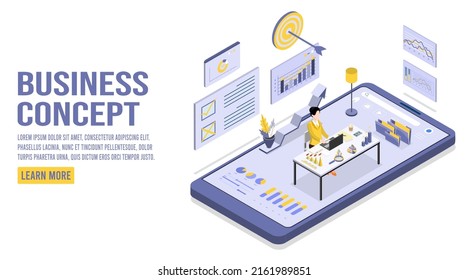 Ilustración vectorial de concepto de negocio. Página de inicio del sitio web. Una empresaria isométrica lidera y presenta a los empresarios para la capacitación de planes de negocios y objetivos. Lograr objetivos estrategia comercial para ganar