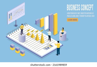 Business concept vector illustration. Website landing page. Isometric businesswoman lead and present businesspeople for training business plan and goals. Achieving goals business strategy for win