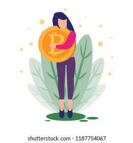 Business concept vector illustration woman holding a bitcoin in her hand. Woman hugs a bitcoin, concept of money, investment and new business ideas.