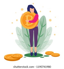 Business concept vector illustration woman holding a bitcoin in her hand. Woman hugs a bitcoin, concept of money, investment and new business ideas.