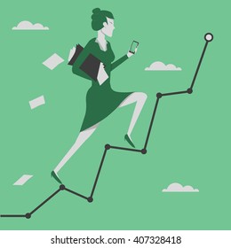 Business concept vector illustration. Woman reaching goal and holding smartphone in her hand.