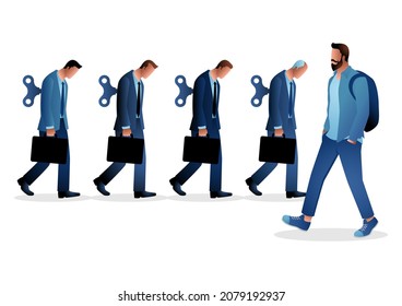 Business concept vector illustration of a young man in casual clothing walking opposite way from businessmen with winders. Freelance, free will concept