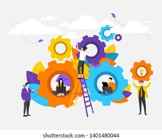 Business concept. vector illustrations, people links of one mechanism, business mechanism, abstract background with gears, people are engaged in business promotion, new ideas and strateg. EPS-10.
