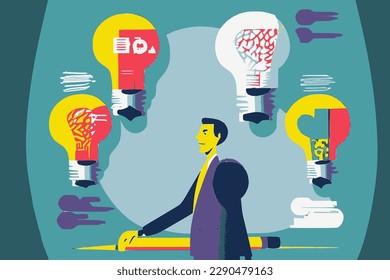 Business concept vector image. Thinking process from idea to implementation.