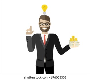 Business concept vector ,make money from your idea. Businessman holding money, showing idea, show success.
