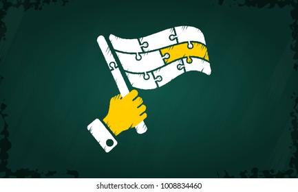 Business concept vector with white and yellow jigsaw flag hand drawn on chalkboard