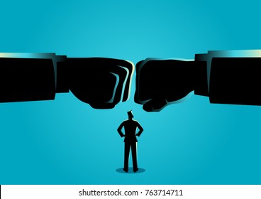 Business concept vectro illustration of a businessman watching two giant fist clashed