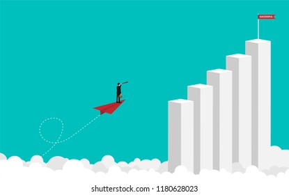 Business concept vision, Businessman holding binocular standing on paper plane look at success, Illustration vector flat design 