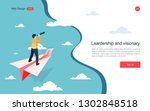 Business concept of vision. Conceptual  with businessman on a paper plane with a telescope .Symbol of the leader man, success, ambition, leadership, future.Vector illustration.