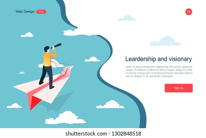 Business concept of vision. Conceptual  with businessman on a paper plane with a telescope .Symbol of the leader man, success, ambition, leadership, future.Vector illustration.