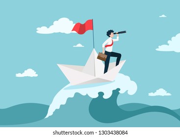 Business concept of vision. Conceptual with businessman with a telescope on paper boat sailing in sea. Direction of business and management. Symbol of the leader man.Vector illustration.