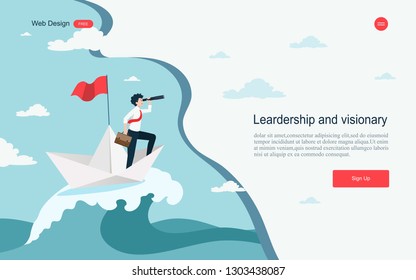 Business concept of vision. Conceptual with businessman with a telescope on paper boat sailing in sea. Direction of business and management. Symbol of the leader man.Vector illustration.