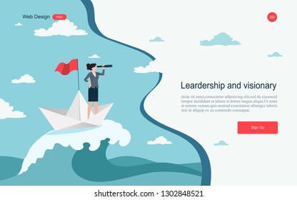 Business concept of vision. Conceptual  with businesswoman with a telescope on paper boat sailing in sea. Direction of business and management. Symbol of the leader woman.Vector illustration.