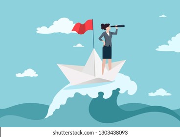 Business concept of vision. Conceptual  with businesswoman with a telescope on paper boat sailing in sea. Direction of business and management. Symbol of the leader woman.Vector illustration.