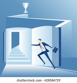 Business concept the way to success is through knowledge, worker runs up the stairs to success across the book