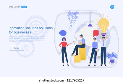 Business concept of web design for Innovation includes solutions for business teamwork in collaborative planning data analysis consulting. Vector illustration.