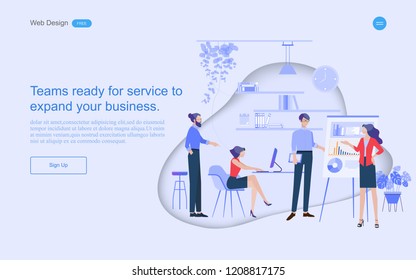 Business concept of web design for teamwork in collaborative planning data analysis. Solutions  include business services. Vector illustration.
