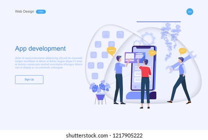 Business concept of web design for teamwork in app development consulting and solutions. Vector illustration.