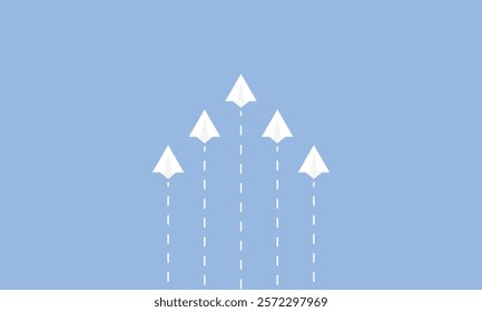 Business concept. White paper airplane flying changing direction on blue sky of business teamwork and one different vision. Leader, New idea, boss, manager, winner concept, trend. Vector illustration