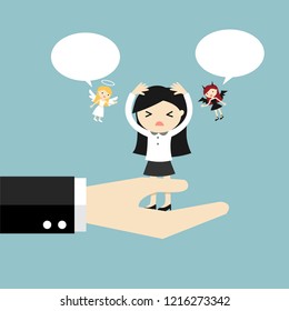 Business concept, Business woman with angel and devil and bubble speech, standing on big hand. Vector illustration.