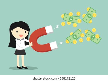 Business concept, Business woman attracting money with a large magnet. Vector illustration.