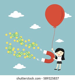 Business concept, Business woman attracting money with a large magnet while flying with big balloon. Vector illustration.