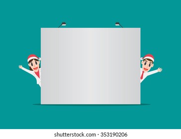 Business concept, Business woman and businessman standing behind backdrop for Christmas festival. Vector illustration