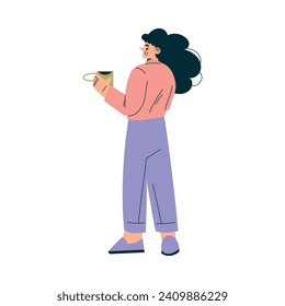 Business Concept with Woman Character Standing with Mug and Talking Vector Illustration