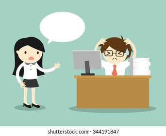 Business concept, business woman complains about businessman's work. Vector illustration.