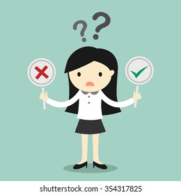 Business Concept, Business Woman Is Confused About True Or False. Vector Illustration.