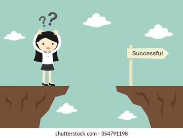 Business concept, business woman is confusing about how to across to another cliff. Vector illustration.