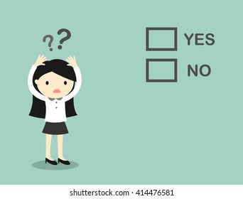 Business concept, Business woman is confusing about 'yes' and 'no'. Vector illustration.