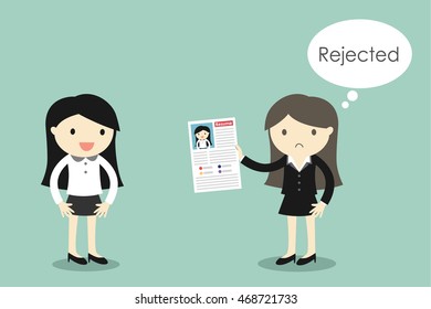 Business concept, Business woman expect for job but boss thinking about reject her resume. Vector illustration.