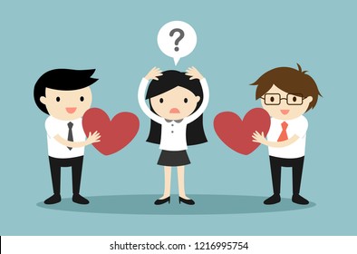 Business concept, Business woman feeling confused about two guys. Vector illustration.