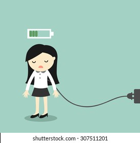 Business concept, Business woman feeling tired and charging battery. Vector illustration.