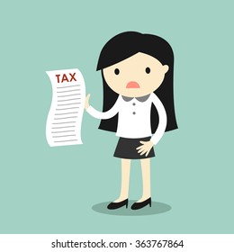 Business concept, business woman feeling worry about tax. Vector illustration.