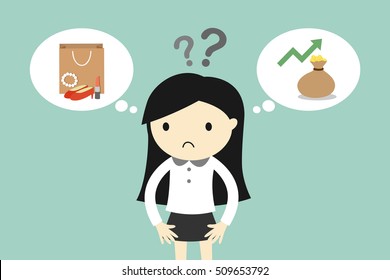 Business concept, Business woman feels stuck between two choices. Vector illustration.