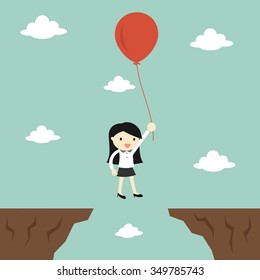 Business concept, business woman flies across gap to another cliff by using balloon. Vector illustration.