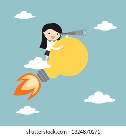 Business concept, Business woman is flying by big light bulb while using telescope. Vector illustration. - Vector